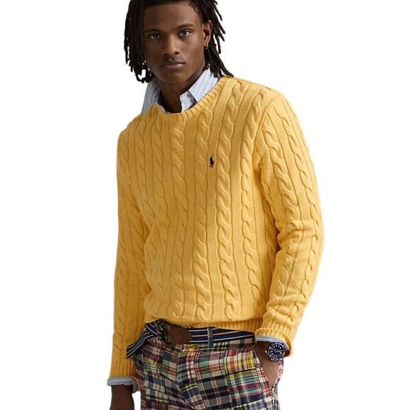 Polo Ralph Lauren CableKnit Cotton Sweater Fall Yellow Size XL Designer Classic
